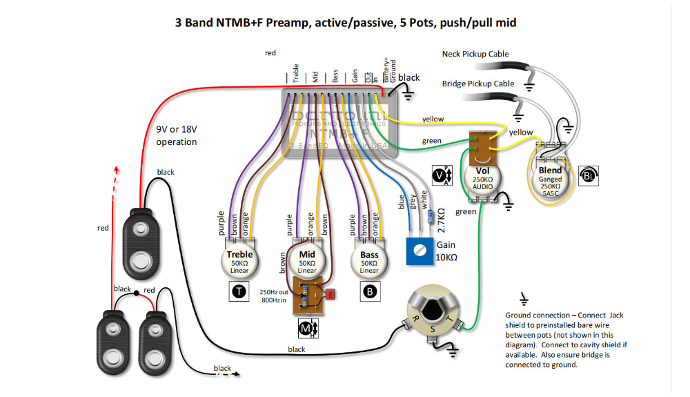 3 Band NTMB+F Preamp, Active/Passive, 5 Pots, Push/Pull Mid Wiring Diagram