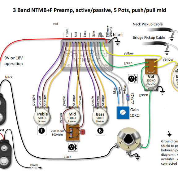 3 Band NTMB+F Preamp, Active/Passive, 5 Pots, Push/Pull Mid Wiring Diagram