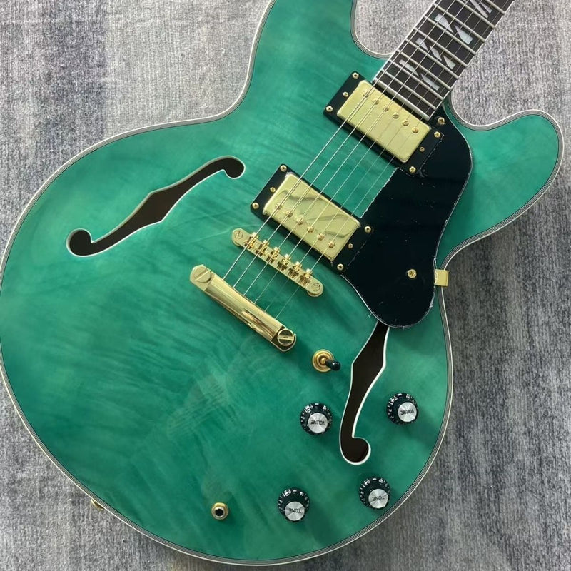 335 Style Semi-Hollow Archtop Electric Guitar with Gloss Transparent Green Flamed Maple Top(LRG-122)