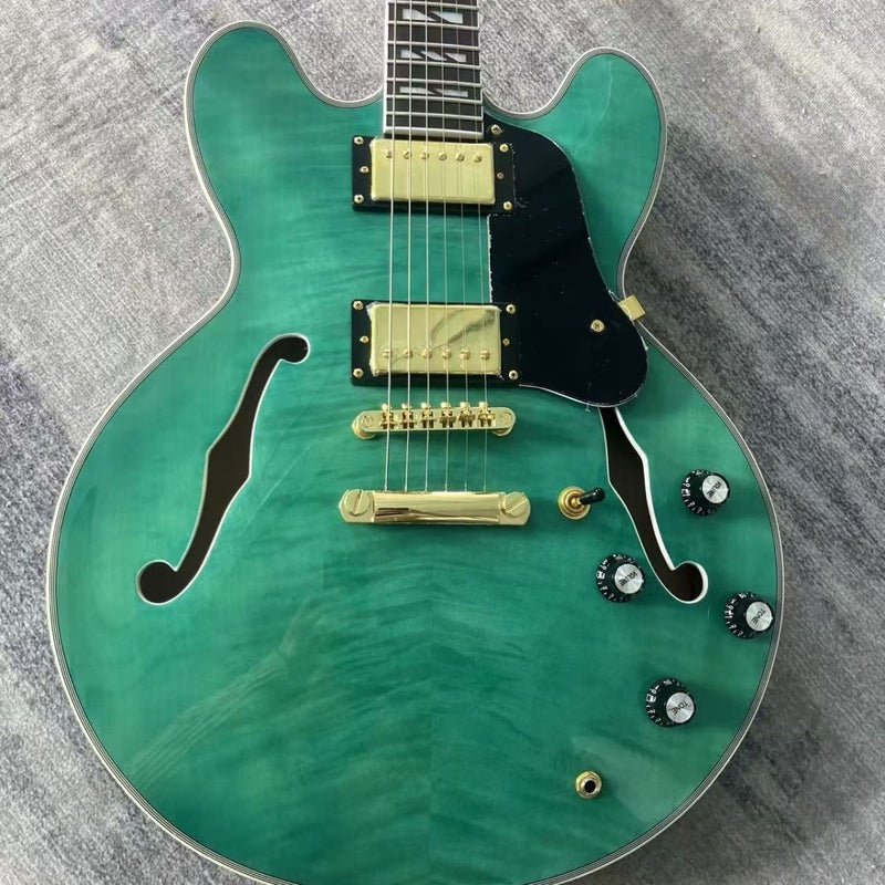 335 Style Semi-Hollow Archtop Electric Guitar with Gloss Transparent Green Flamed Maple Top(LRG-122)