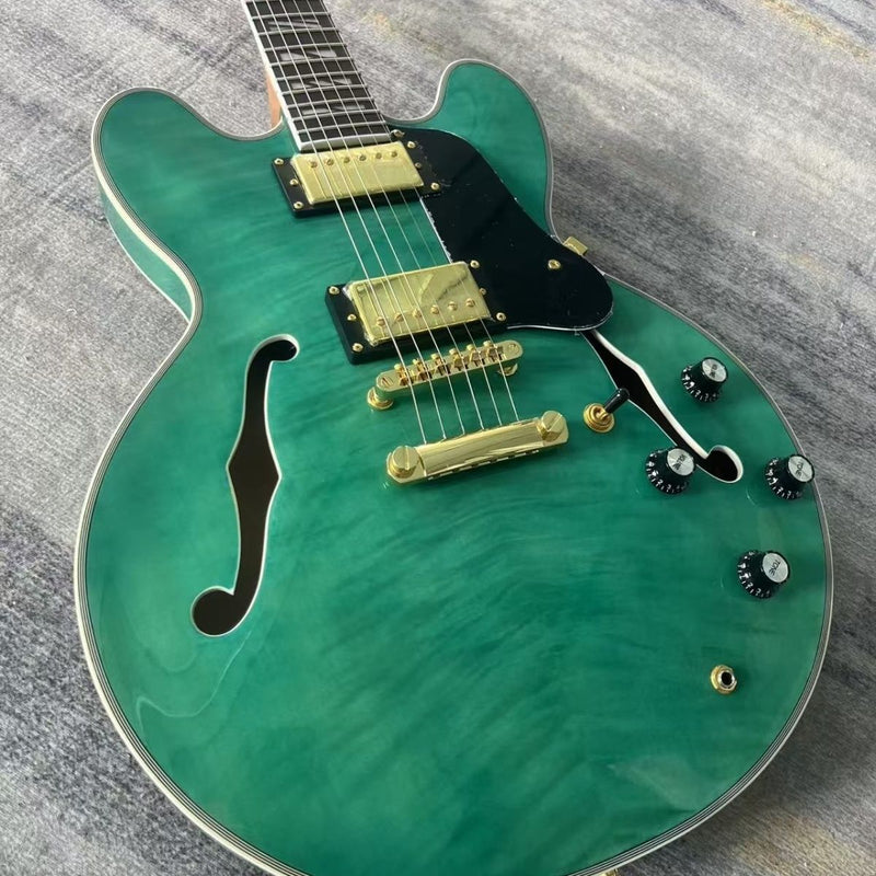 335 Style Semi-Hollow Archtop Electric Guitar with Gloss Transparent Green Flamed Maple Top(LRG-122)