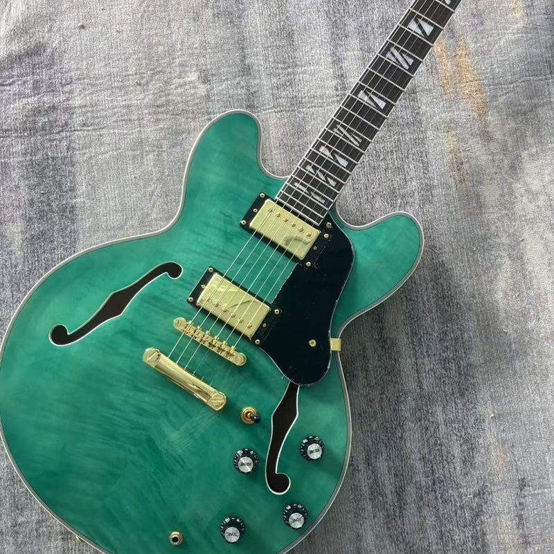 335 Style Semi-Hollow Archtop Electric Guitar with Gloss Transparent Green Flamed Maple Top(LRG-122)