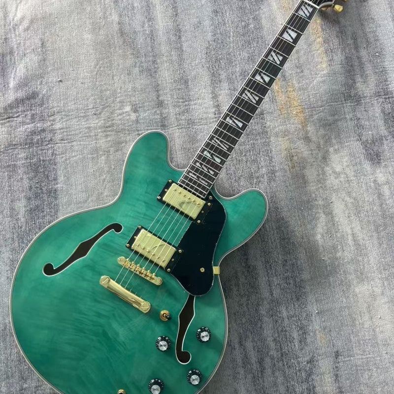 335 Style Semi-Hollow Archtop Electric Guitar with Gloss Transparent Green Flamed Maple Top(LRG-122)
