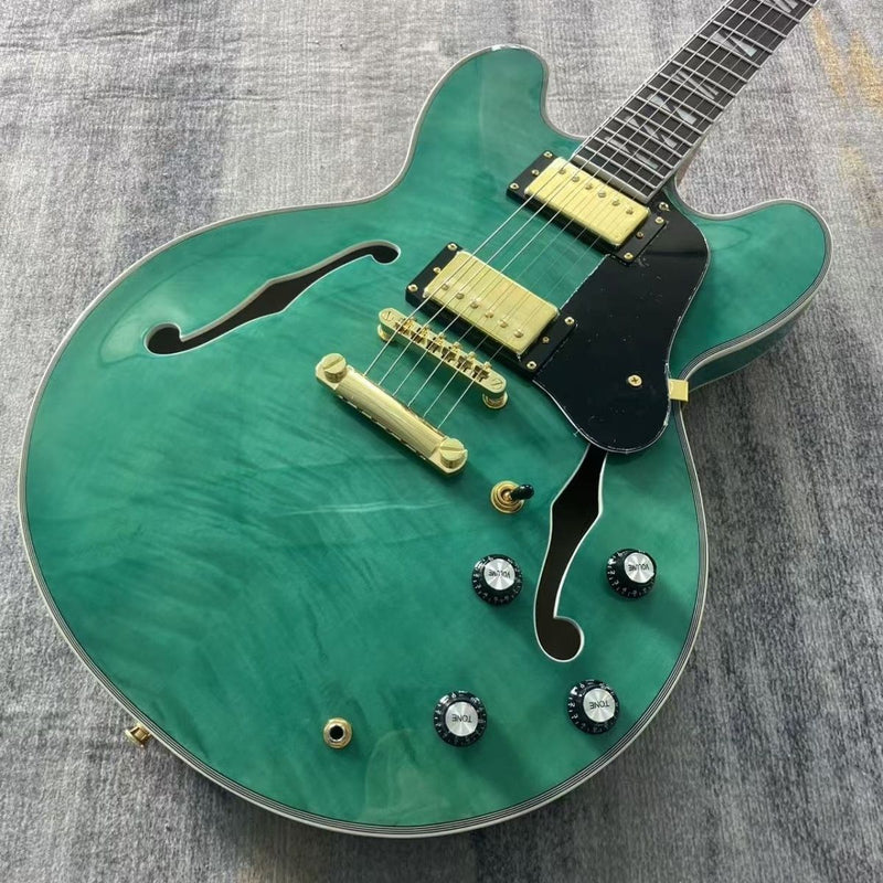 335 Style Semi-Hollow Archtop Electric Guitar with Gloss Transparent Green Flamed Maple Top(LRG-122)