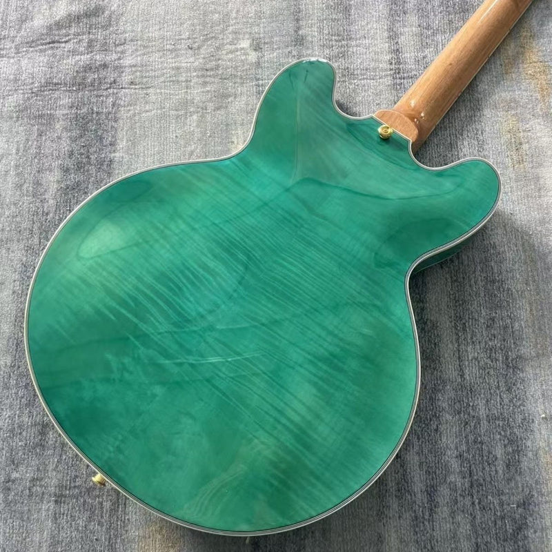 335 Style Semi-Hollow Archtop Electric Guitar with Gloss Transparent Green Flamed Maple Top(LRG-122)
