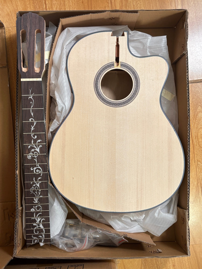 39 Inch Cutaway Solid Spruce Top AA Birdseye Maple Veneer Back & Sides DIY Classical Guitar Kit (11388)