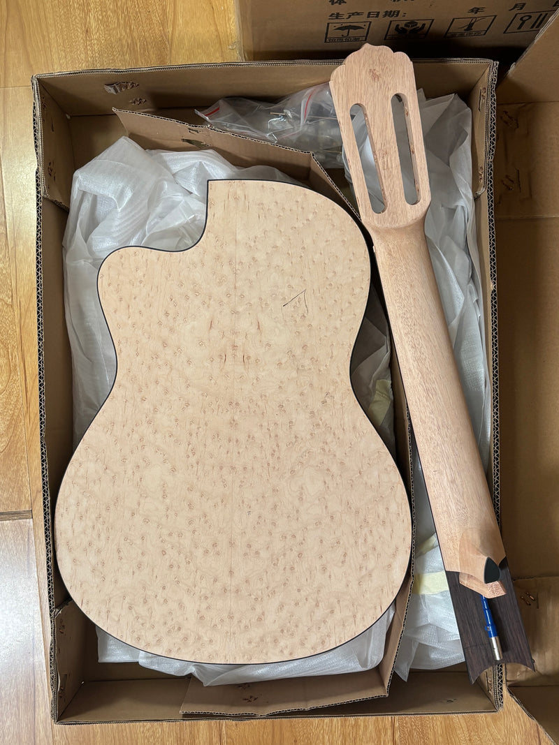 39 Inch Cutaway Solid Spruce Top AA Birdseye Maple Veneer Back & Sides DIY Classical Guitar Kit (11388)