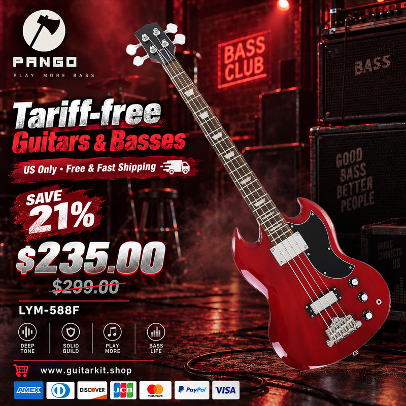 4-String SG-Style Electric Bass Guitar with Gloss Cherry Red Finish (LYM-588F, Fast Shipping, Tariff-free)