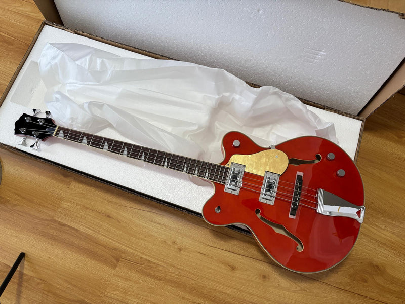 4-String Semi-Hollow Body Electric Bass Guitar with Gloss Orange Finish (HY-2601)