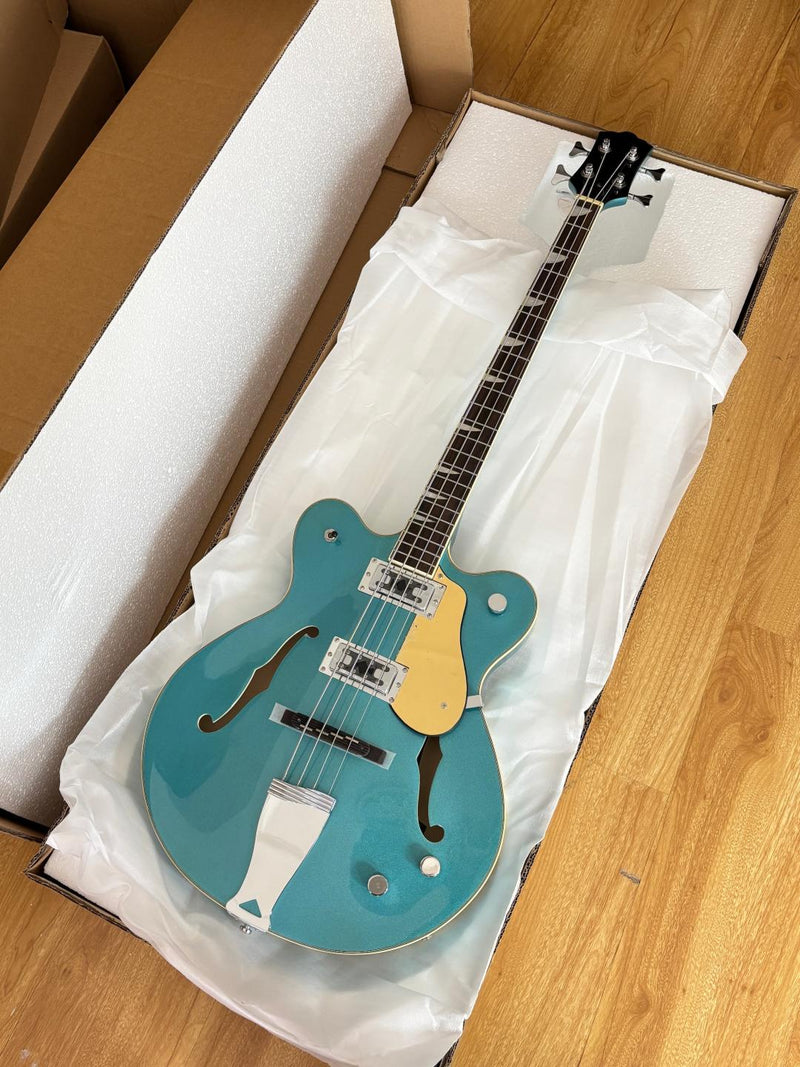 4-String Semi-Hollow Body Electric Bass Guitar with Gloss Turquoise Blue Finish (HY-2602)
