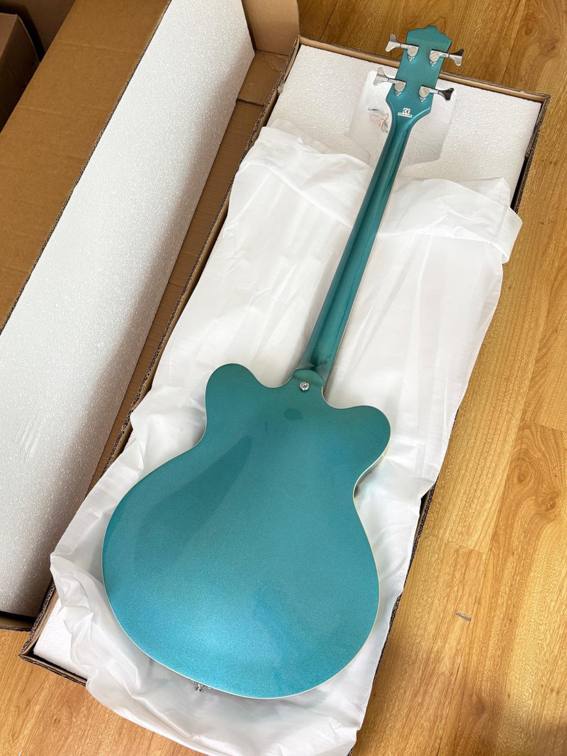 4-String Semi-Hollow Body Electric Bass Guitar with Gloss Turquoise Blue Finish (HY-2602)