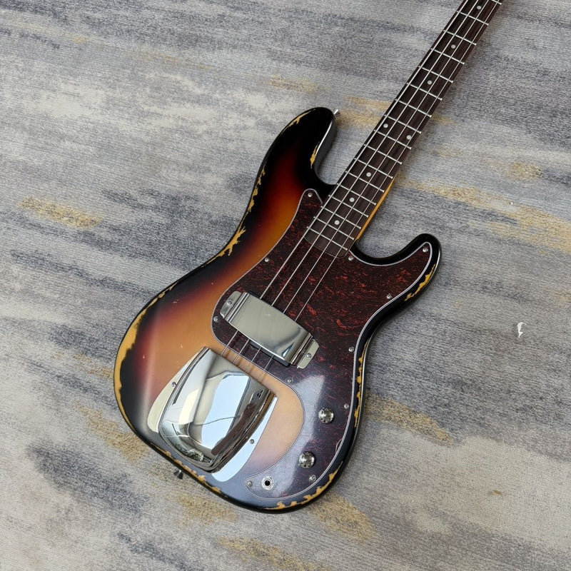 4 String P Bass Style Electric Bass with Relic 3-Tone Sunburst Finish (LRG-111)