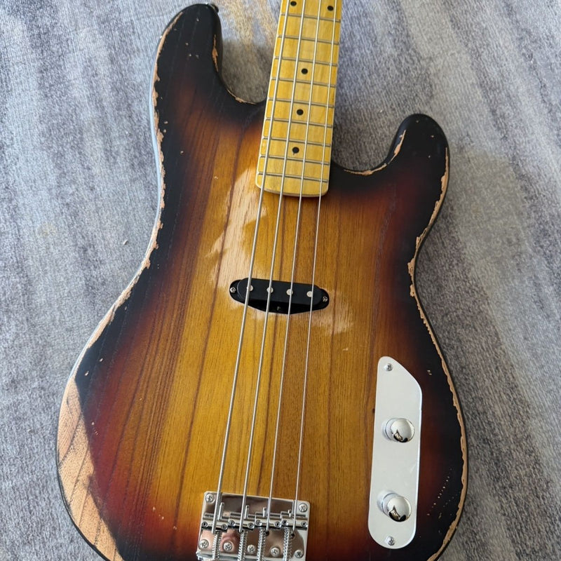 4 String Vintage P Bass Style Electric Bass Guitar with Relic Sunburst Finish & Elm Body(LRG-106)