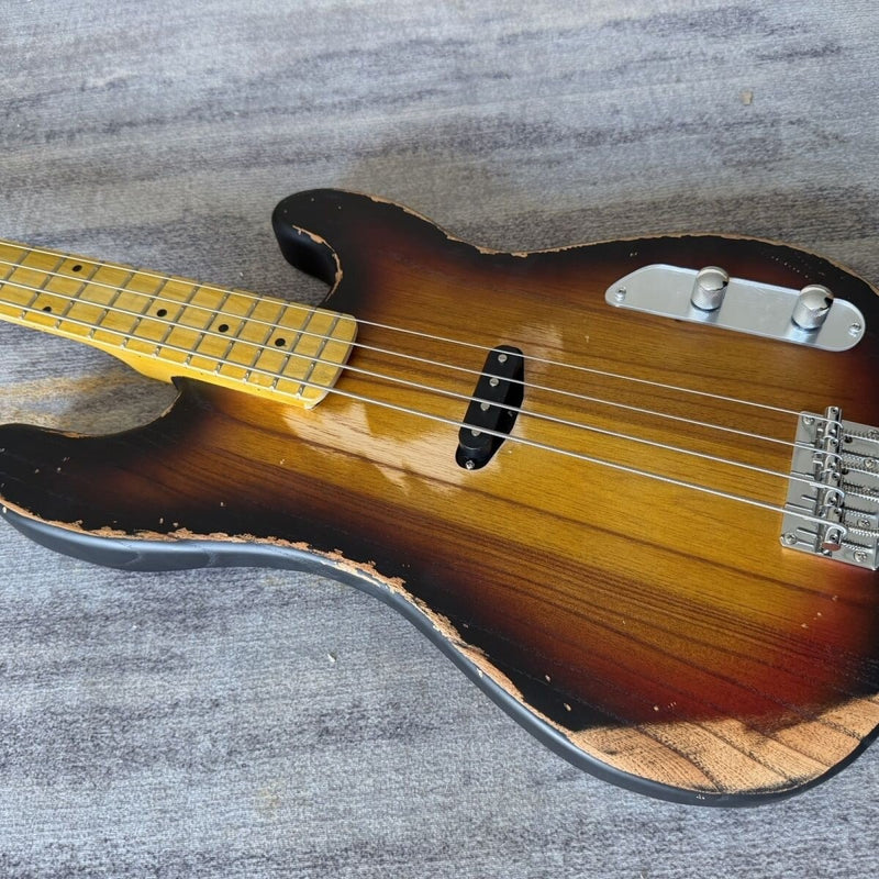 4 String Vintage P Bass Style Electric Bass Guitar with Relic Sunburst Finish & Elm Body(LRG-106)