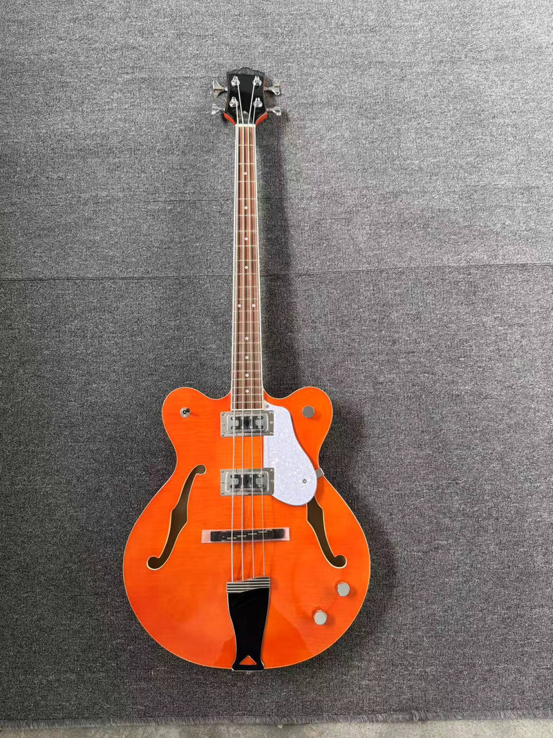 4-String Semi-Hollow Electric Bass Guitar with Gloss Orange Finish (PHY-158)
