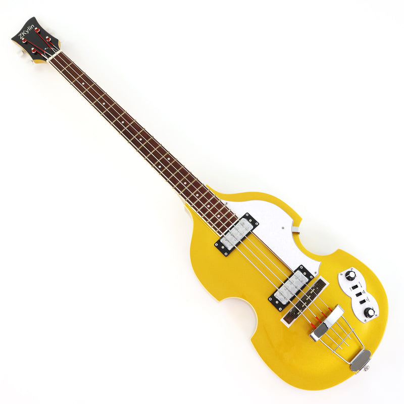 4 Strings Semi Hollow Violin Style Electric Bass Guitar with Gold Metallic Sparkling Finish  (PHY-107)
