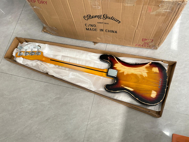 4 String Vintage P Bass Style Electric Bass Guitar with Relic Sunburst Finish & Elm Body(LRG-106X)