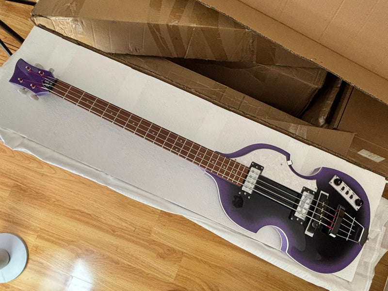 4 String Violin Semi-Hollow Electric Bass Guitar with Gloss Purple Black Burst Finish (HY-2571)