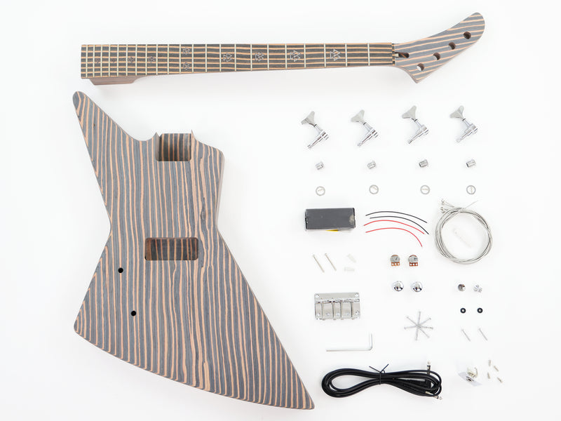 4-String Left-Handed Explorer Style All Zebrawood DIY Bass Guitar Kit ( 15429, Limited Edition )