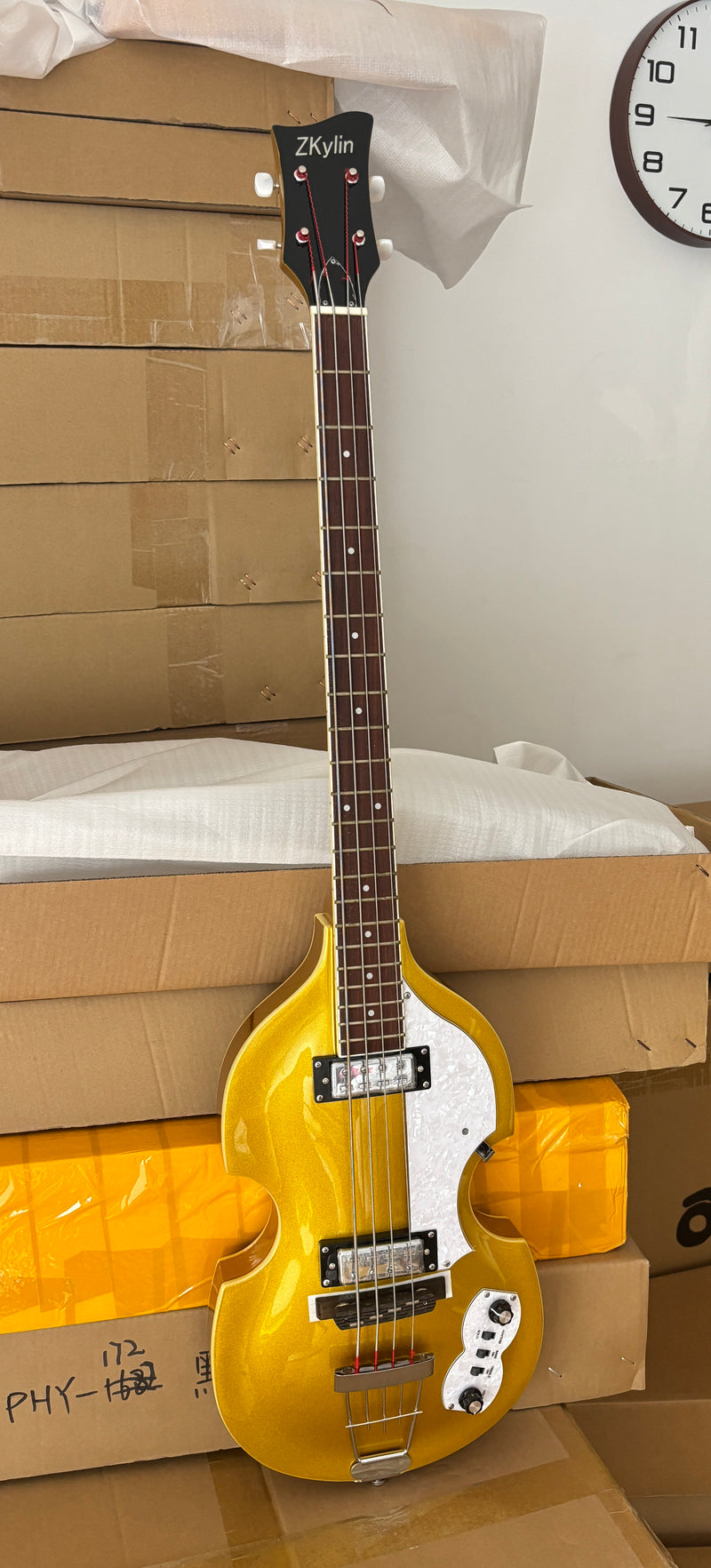 4 Strings Semi Hollow Violin Style Electric Bass Guitar with Gold Metallic Sparkling Finish  (PHY-107)