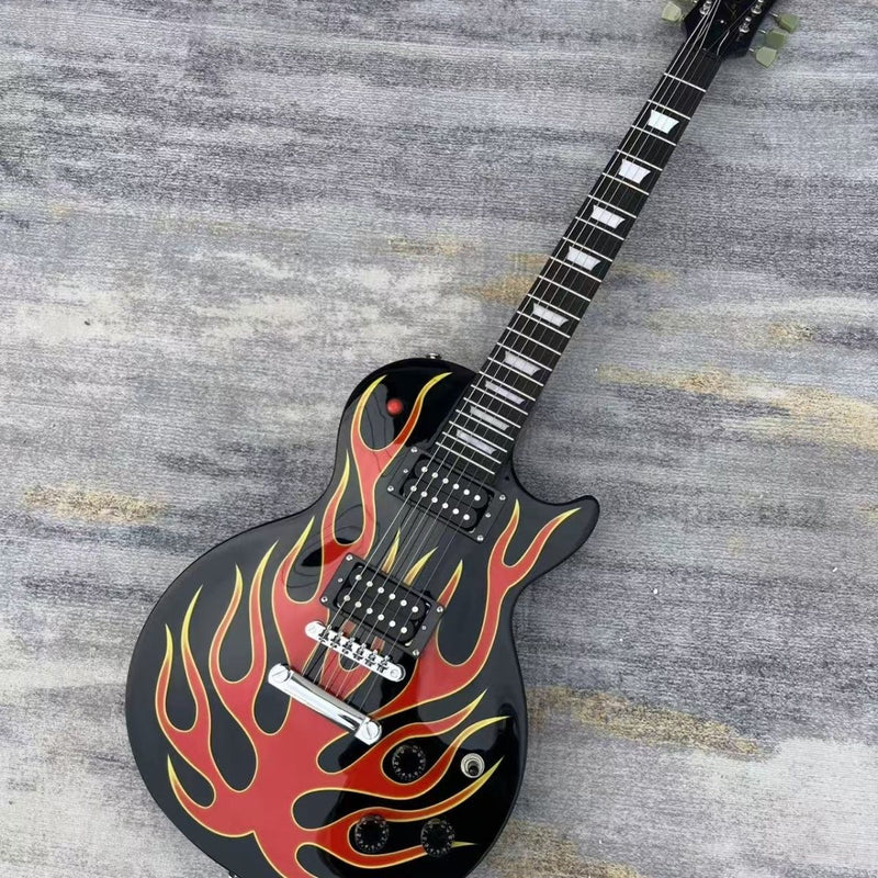 6 String LP Standard Style Electric Guitar with Gloss Black Flame Graphic (LRG-129)