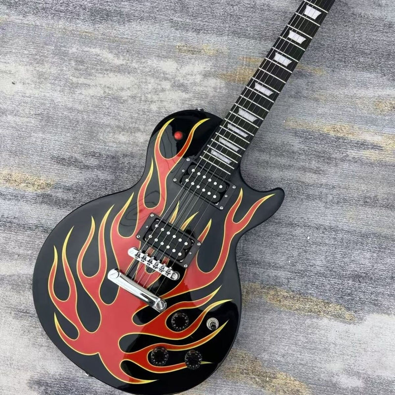 6 String LP Standard Style Electric Guitar with Gloss Black Flame Graphic (LRG-129)