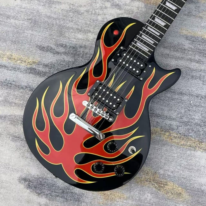 6 String LP Standard Style Electric Guitar with Gloss Black Flame Graphic (LRG-129)
