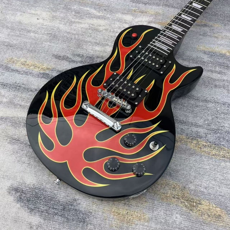 6 String LP Standard Style Electric Guitar with Gloss Black Flame Graphic (LRG-129)