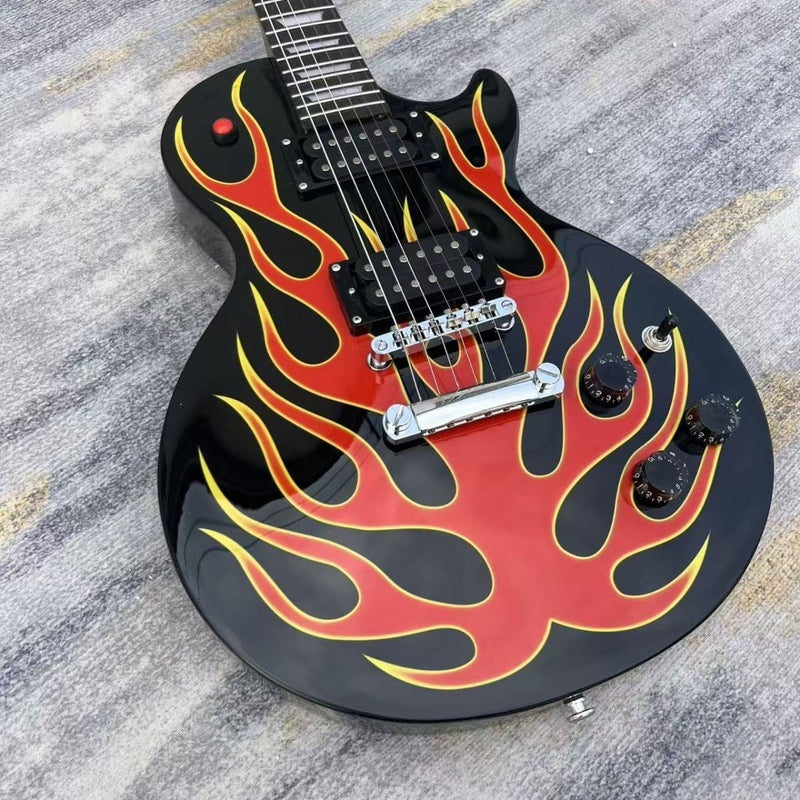 6 String LP Standard Style Electric Guitar with Gloss Black Flame Graphic (LRG-129)