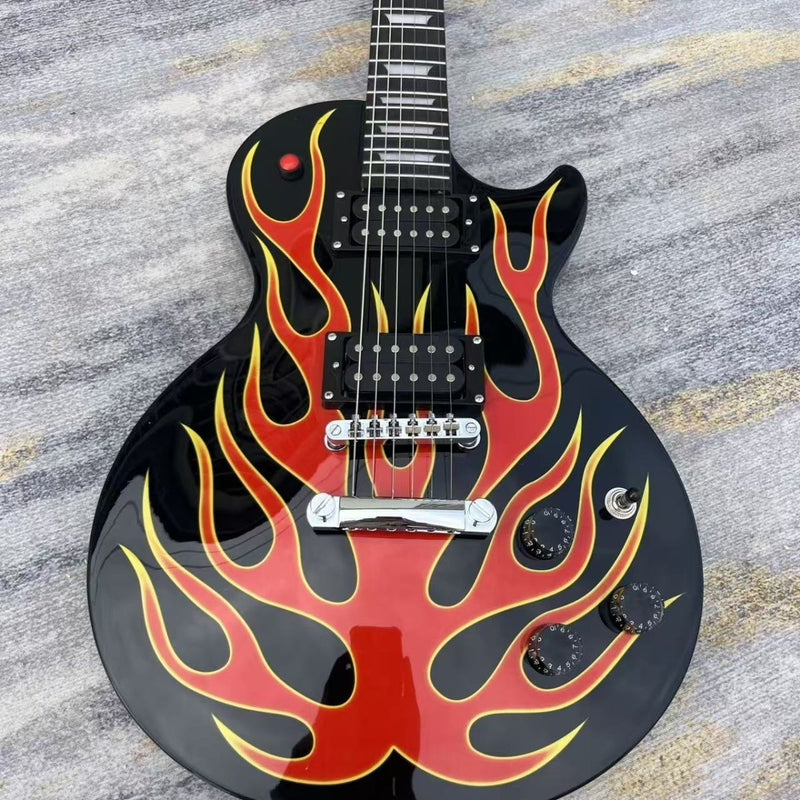 6 String LP Standard Style Electric Guitar with Gloss Black Flame Graphic (LRG-129)