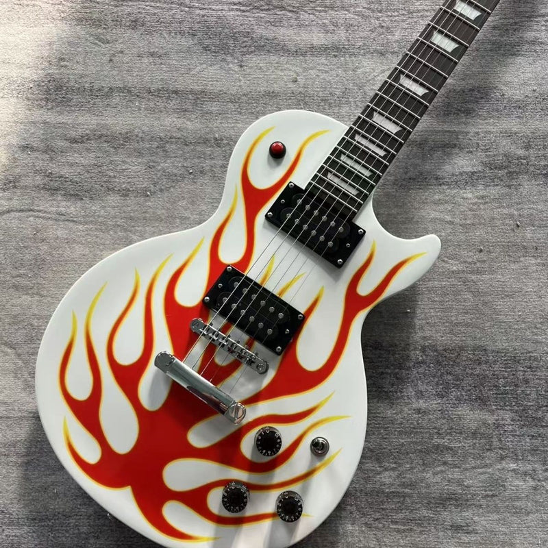 6-String LP Standard Style Solid Body Electric Guitar with Gloss White Flame Graphic & Red Kill Switch (LRG-126)