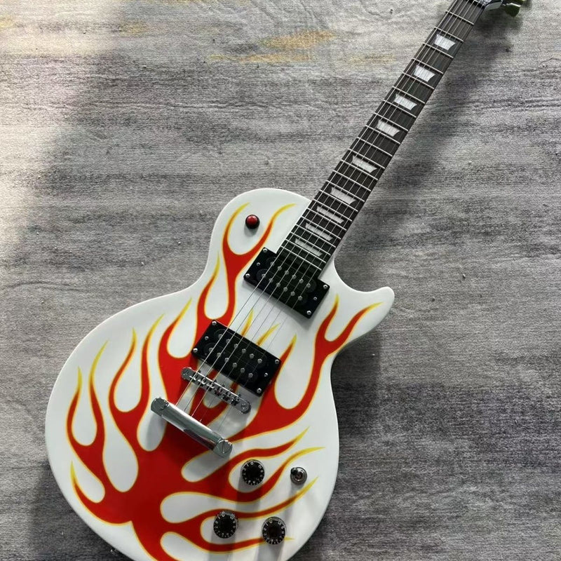 6-String LP Standard Style Solid Body Electric Guitar with Gloss White Flame Graphic & Red Kill Switch (LRG-126)