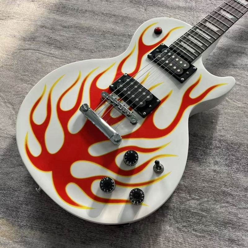 6-String LP Standard Style Solid Body Electric Guitar with Gloss White Flame Graphic & Red Kill Switch (LRG-126)
