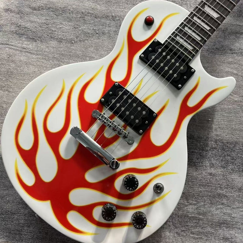 6-String LP Standard Style Solid Body Electric Guitar with Gloss White Flame Graphic & Red Kill Switch (LRG-126)