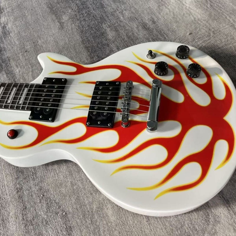 6-String LP Standard Style Solid Body Electric Guitar with Gloss White Flame Graphic & Red Kill Switch (LRG-126)