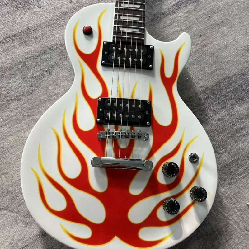 6-String LP Standard Style Solid Body Electric Guitar with Gloss White Flame Graphic & Red Kill Switch (LRG-126)