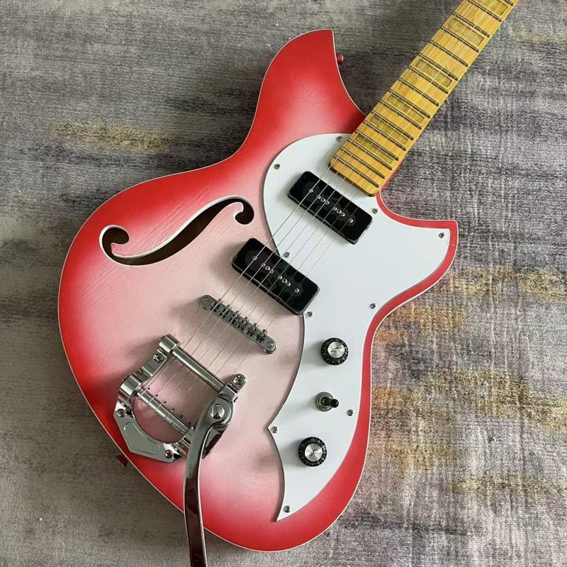 6 String Miris J Style Semi-Hollow Electric Guitar with Satin Red Burst & Bigsby Style Tremolo(LRG-127)