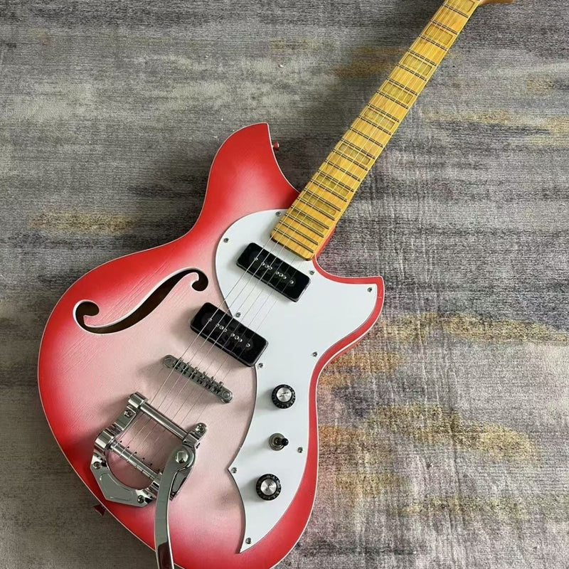 6 String Miris J Style Semi-Hollow Electric Guitar with Satin Red Burst & Bigsby Style Tremolo(LRG-127)