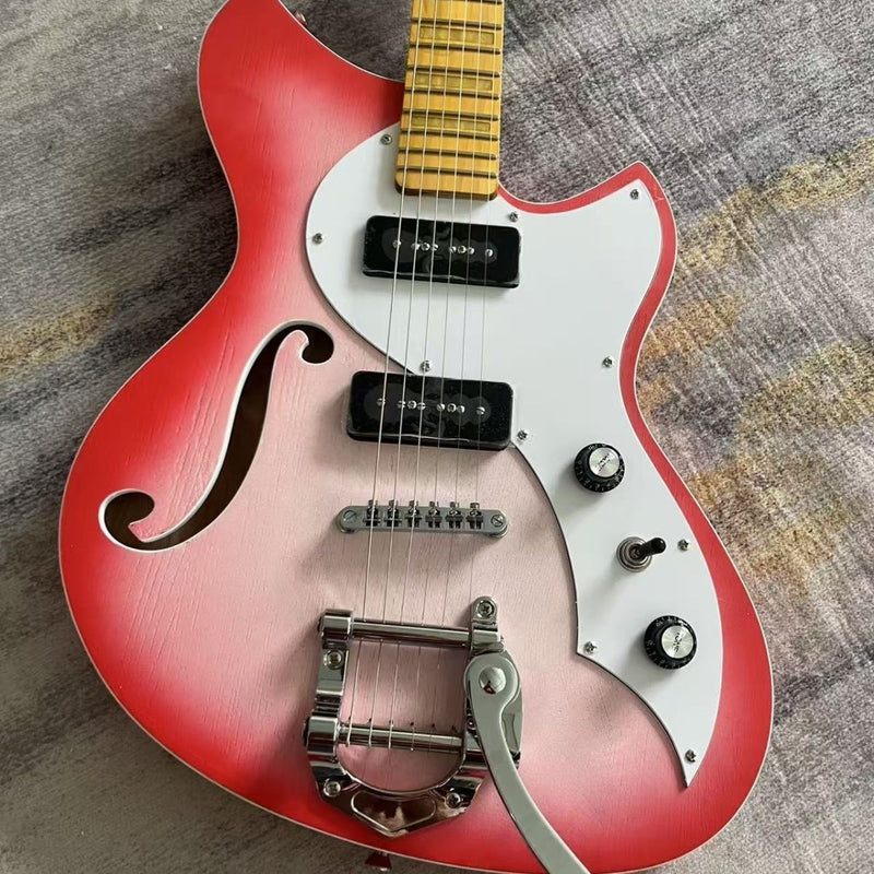 6 String Miris J Style Semi-Hollow Electric Guitar with Satin Red Burst & Bigsby Style Tremolo(LRG-127)