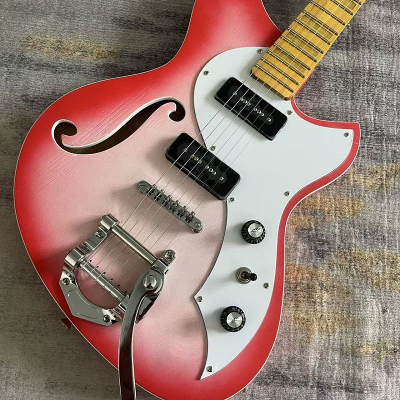6 String Miris J Style Semi-Hollow Electric Guitar with Satin Red Burst & Bigsby Style Tremolo(LRG-127)