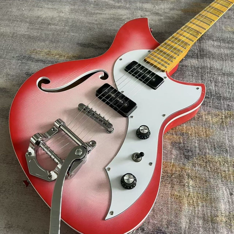 6 String Miris J Style Semi-Hollow Electric Guitar with Satin Red Burst & Bigsby Style Tremolo(LRG-127)