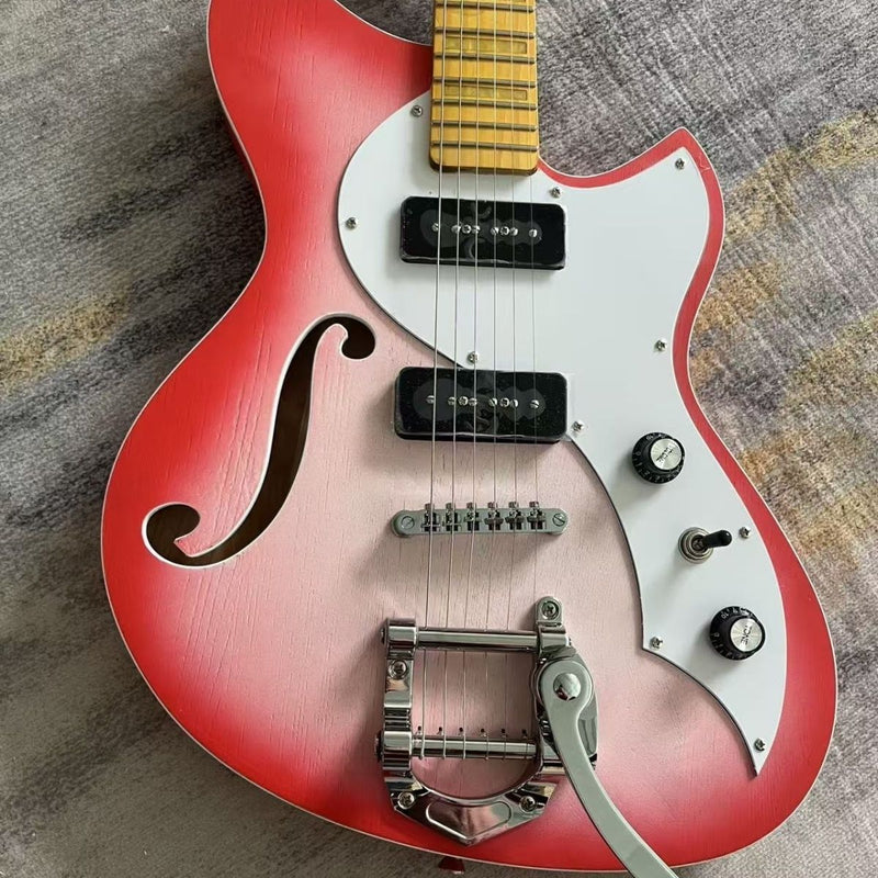 6 String Miris J Style Semi-Hollow Electric Guitar with Satin Red Burst & Bigsby Style Tremolo(LRG-127)