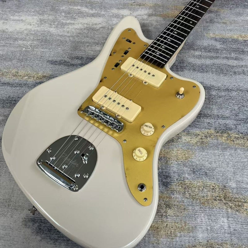 6 String Solid Body Jaguar Style Electric Guitar with Gloss Vintage White Finish(LRG-136)