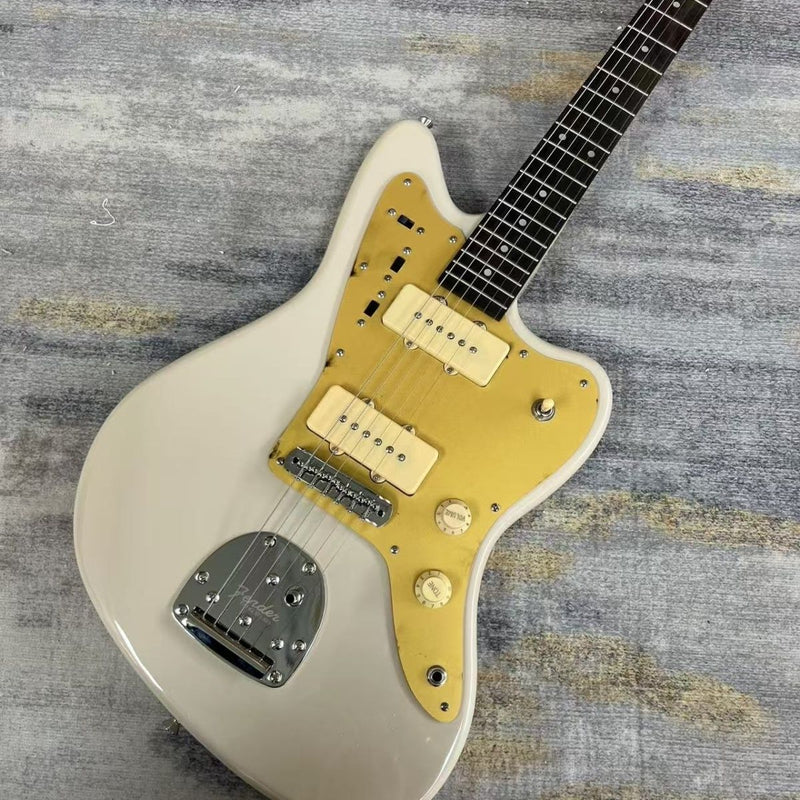 6 String Solid Body Jaguar Style Electric Guitar with Gloss Vintage White Finish(LRG-136)