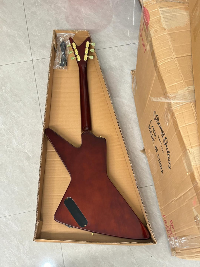 6 String Modern Explorer Style Electric Guitar with Gloss Brown Finish (LRG-107X)