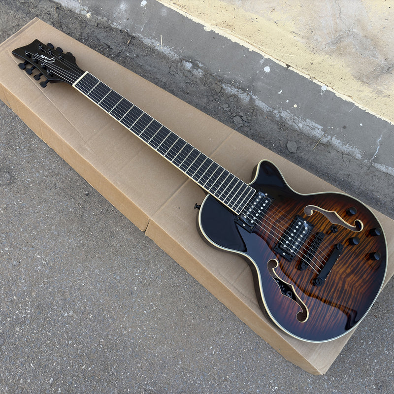 7-String Semi-Hollow Electric Guitar with Gloss Dark Sunburst Finish (YMZ-261)