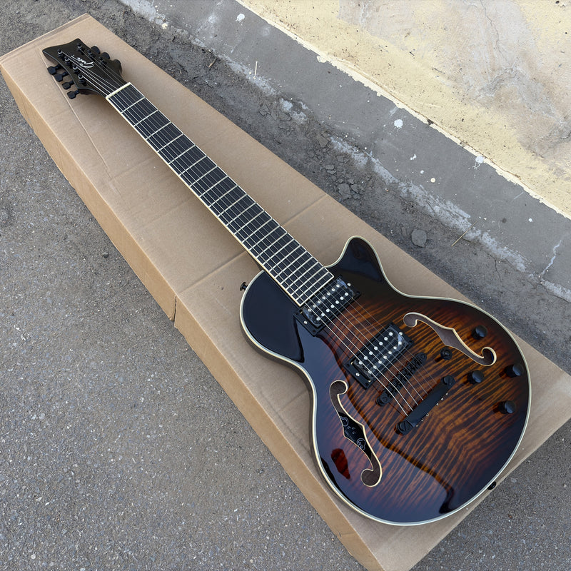7-String Semi-Hollow Electric Guitar with Gloss Dark Sunburst Finish (YMZ-261)