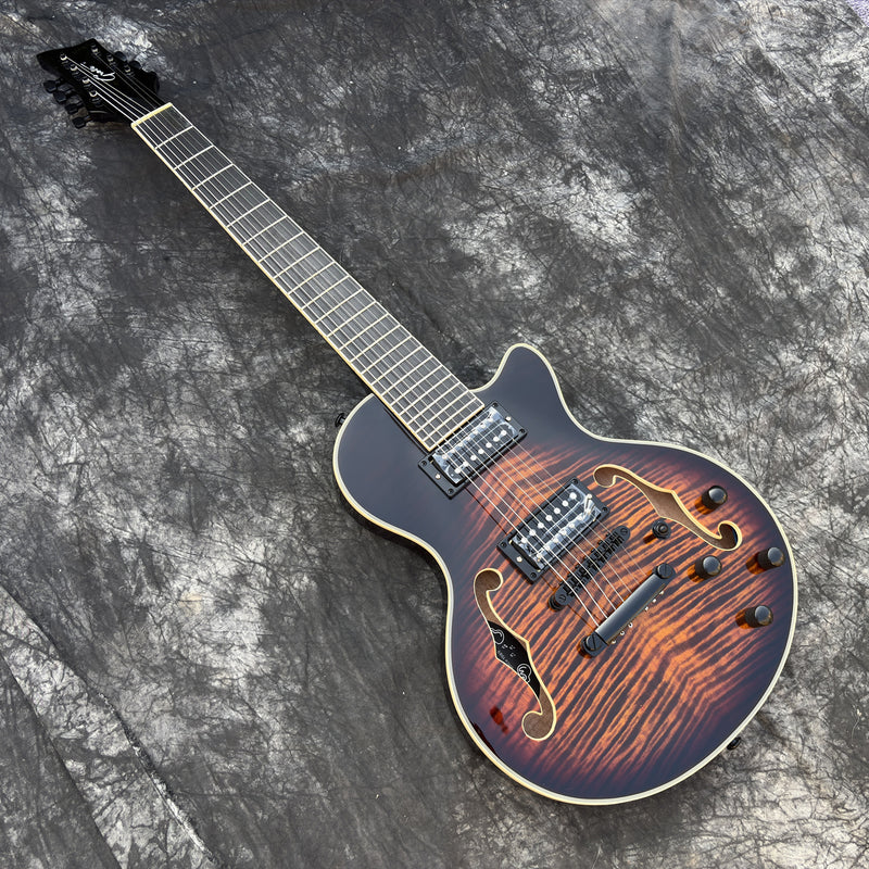 7-String Semi-Hollow Electric Guitar with Gloss Dark Sunburst Finish (YMZ-261)