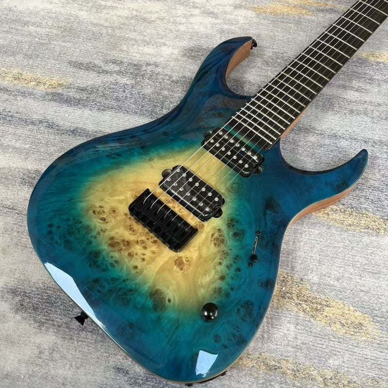 7 String Burl Top Blue Gradient Modern Shred Electric Guitar (LRG-011)