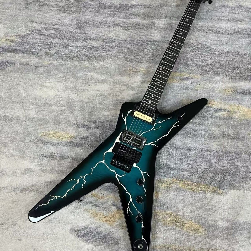 Black Teal Burst Lightning Crack Graphic Electric Guitar (LRG-005)